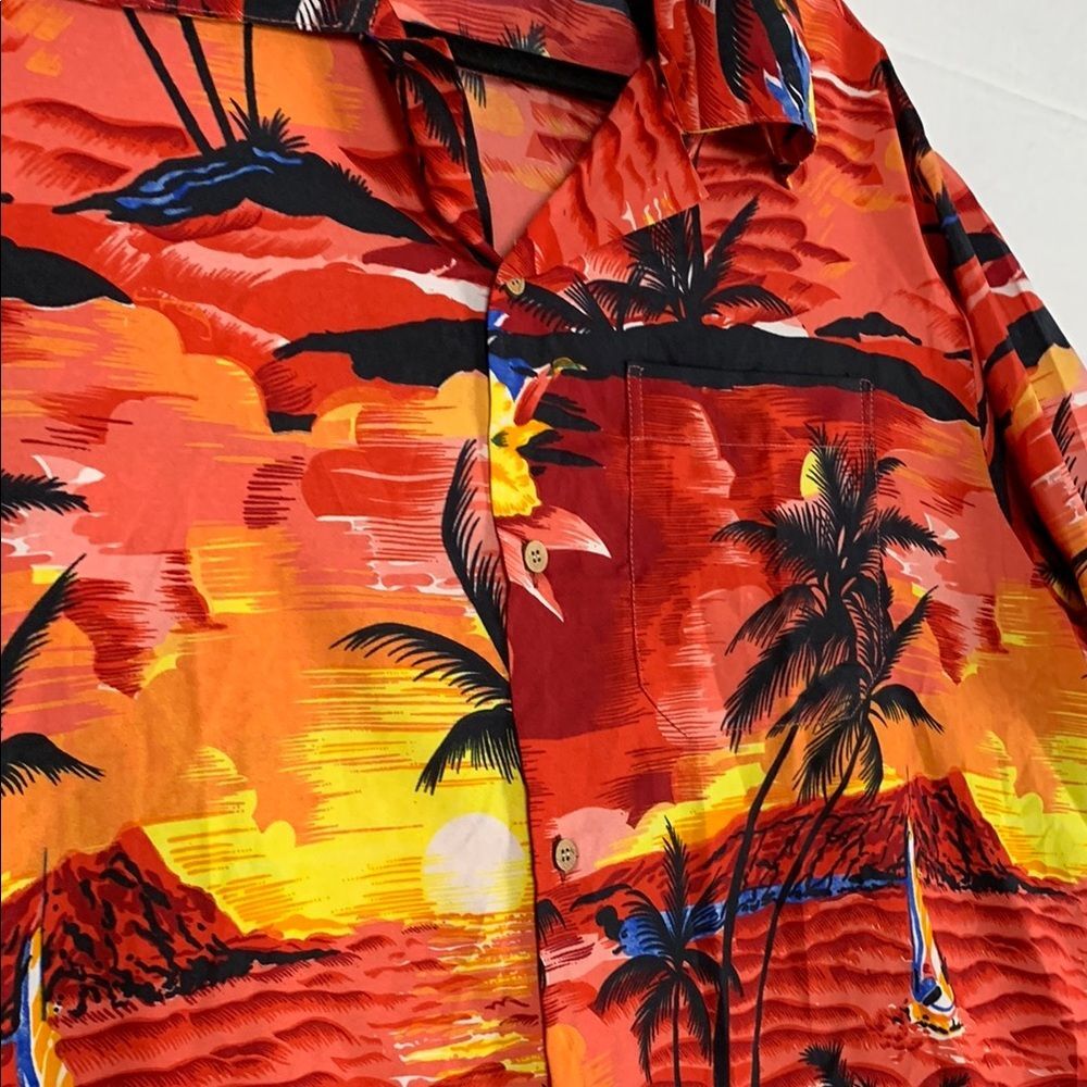 ALVISH | LARGE MEN VTG BUTTON DOWN HAWAIIAN BEACH SHIRT | TROPICAL RED ORANGE